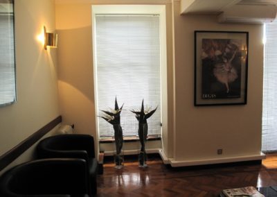 Sala de espera da clínica, com cadeirões junto à janela